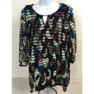 Dana Buchman Women Top Size L Multi Color Lined Blouse Round Neck 3/4 Sleeves